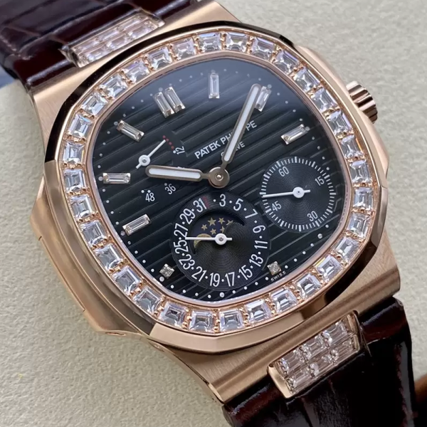 GR공장 파텍필립 노틸러스 블랙 다이얼 다이아 베젤 악어가죽 스트랩  41mm 5724