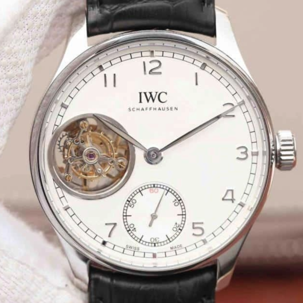 AZ공장 IWC 포르투기저 투르비옹 오토매틱 스틸 화이트 다이얼 레더 스트랩 42mm IW546302