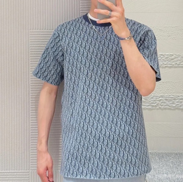 디올 오블리크 캐주얼 핏 블루 코튼 자카드 티셔츠