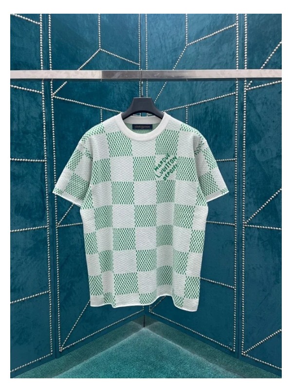 루이비통 화이트 그린 다미에 슬리브 크루넥 니트 반팔