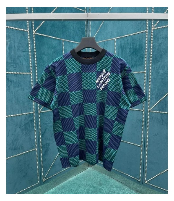 루이비통 그린 블루 다미에 슬리브 크루넥 니트 반팔