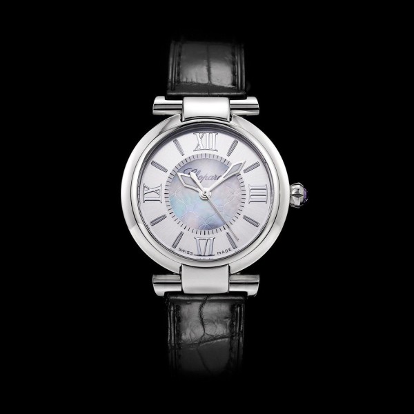 NR공장 쇼파드 임페리알레 화이트 다이얼 스틸 레더 스트랩 29mm 388563-3001