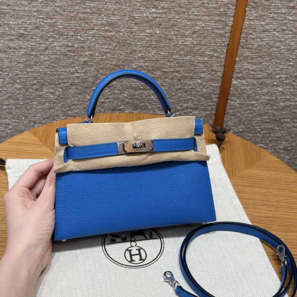 올수공 에르메스 미니 켈리 Blue Hydra 쉐브르 가죽 실버 하드웨어
