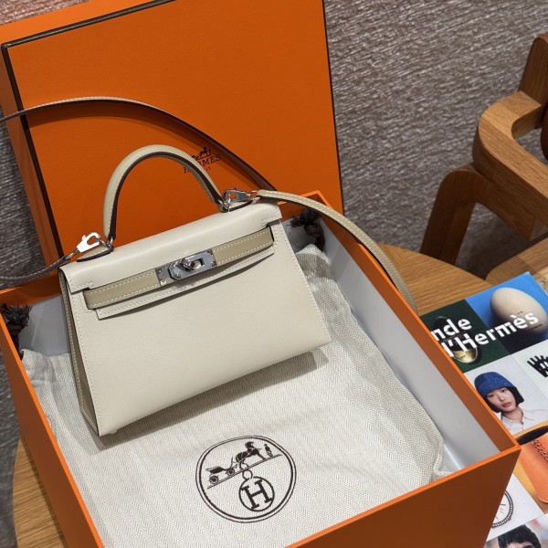 올수공 에르메스 미니 켈리 Craie & Trench 스위프트 가죽 실버 하드웨어