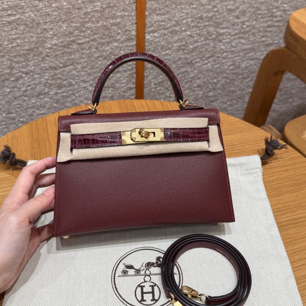 올수공 에르메스 미니 켈리 Rouge H & Bordeaux 마담가죽 & 악어 가죽 골드 하드웨어