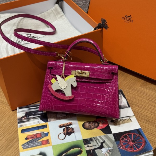 올수공 에르메스 미니 켈리 J5/Rose Scheherazade 악어 가죽 골드 하드웨어