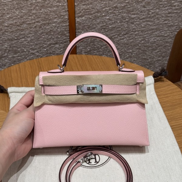 올수공 에르메스 미니 켈리 3Q/Rose Sakura 엡송 가죽 실버 하드웨어